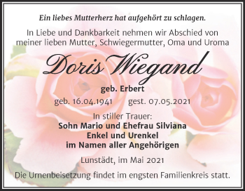Traueranzeige von Doris Wiegand von Trauerkombi Merseburg