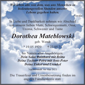 Traueranzeige von Dorothea Mateblowski von Trauerkombi Aschersleben