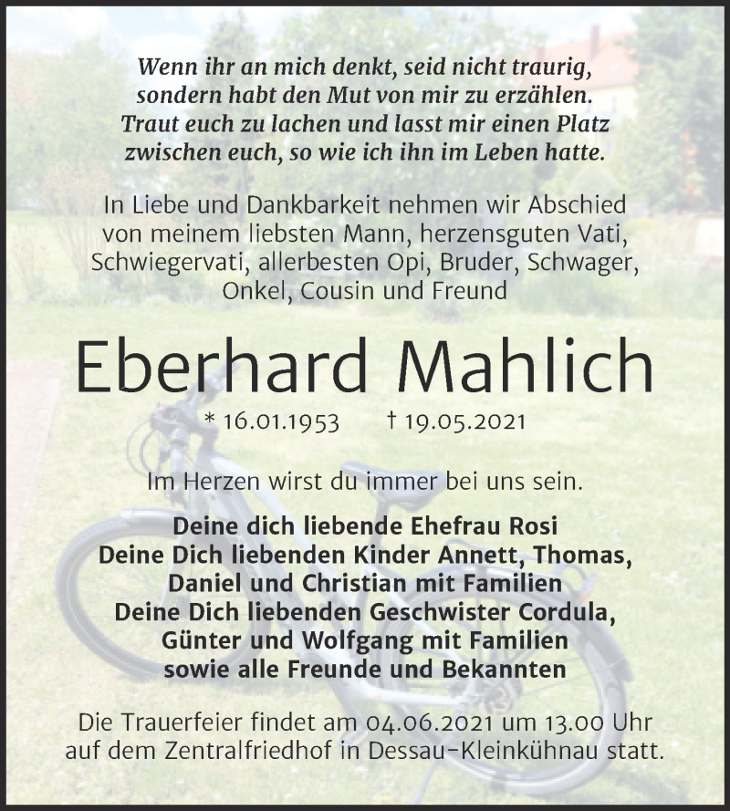  Traueranzeige für Eberhard Mahlich vom 29.05.2021 aus Trauerkombi Dessau