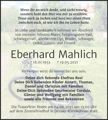 Traueranzeige von Eberhard Mahlich von Trauerkombi Dessau
