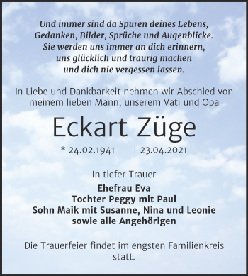 Traueranzeige von Eckart Züge von Trauerkombi Bitterfeld