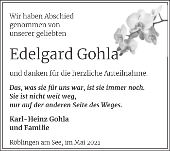 Traueranzeige von Edelgard Gohla von Trauerkombi Mansfelder Land