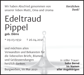Traueranzeige von Edeltraud Pippel von Trauerkombi Weißenfels
