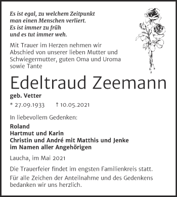 Traueranzeige von Edeltraud Zeemann von Wochenspiegel Naumburg/Nebra