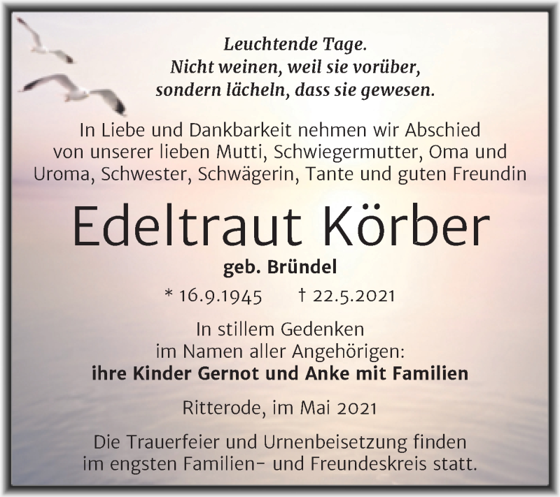  Traueranzeige für Edeltraut Körber vom 29.05.2021 aus Trauerkombi Mansfelder Land