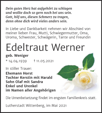 Traueranzeige von Edeltraut Werner von Trauerkombi Wittenberg