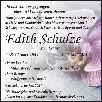 Traueranzeige von Edith Schulze von Trauerkombi Quedlinburg