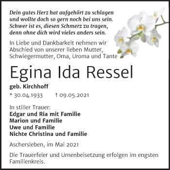 Traueranzeige von Egina Ida Ressel von Trauerkombi Aschersleben
