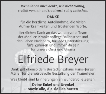 Traueranzeige von Elfriede Breyer von Trauerkombi Aschersleben