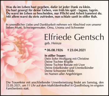 Traueranzeige von Elfriede Gentsch von Trauerkombi Bitterfeld