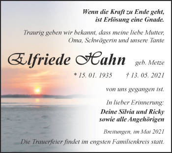 Traueranzeige von Elfriede Hahn von Trauerkombi Sangerhausen