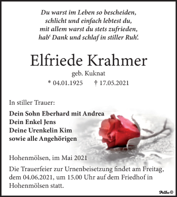 Traueranzeige von Elfriede Krahmer von Trauerkombi Weißenfels