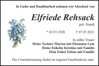 Traueranzeige von Elfriede Rehsack von Trauerkombi Bitterfeld