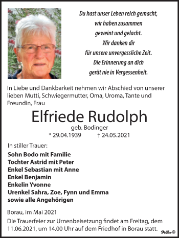 Traueranzeige von Elfriede Rudolph von Trauerkombi Weißenfels