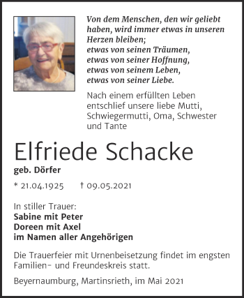 Traueranzeige von Elfriede Schacke von Trauerkombi Sangerhausen