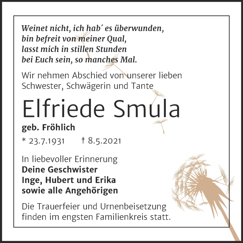  Traueranzeige für Elfriede Smula vom 21.05.2021 aus Trauerkombi Köthen