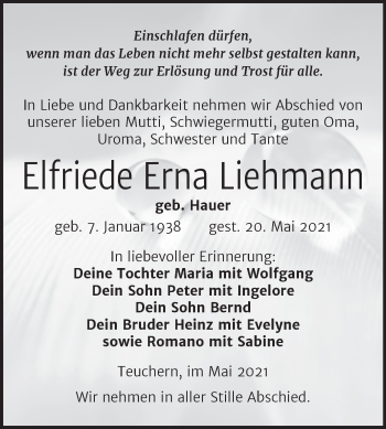 Traueranzeige von Elfriede Erna Liehmann von Trauerkombi Weißenfels