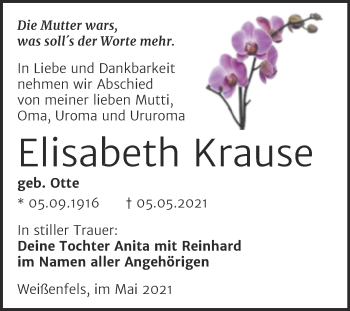Traueranzeige von Elisabeth Krause von Trauerkombi Weißenfels