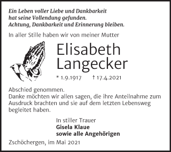 Traueranzeige von Elisabeth Langecker von Trauerkombi Merseburg