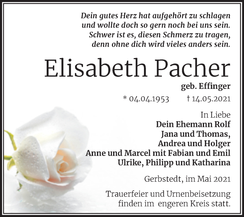  Traueranzeige für Elisabeth Pacher vom 22.05.2021 aus Trauerkombi Mansfelder Land