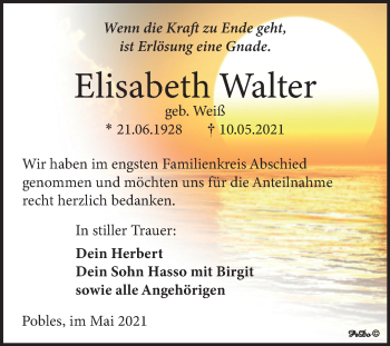 Traueranzeige von Elisabeth Walter von Trauerkombi Weißenfels