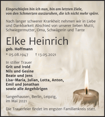 Traueranzeige von Elke Heinrich von Trauerkombi Sangerhausen