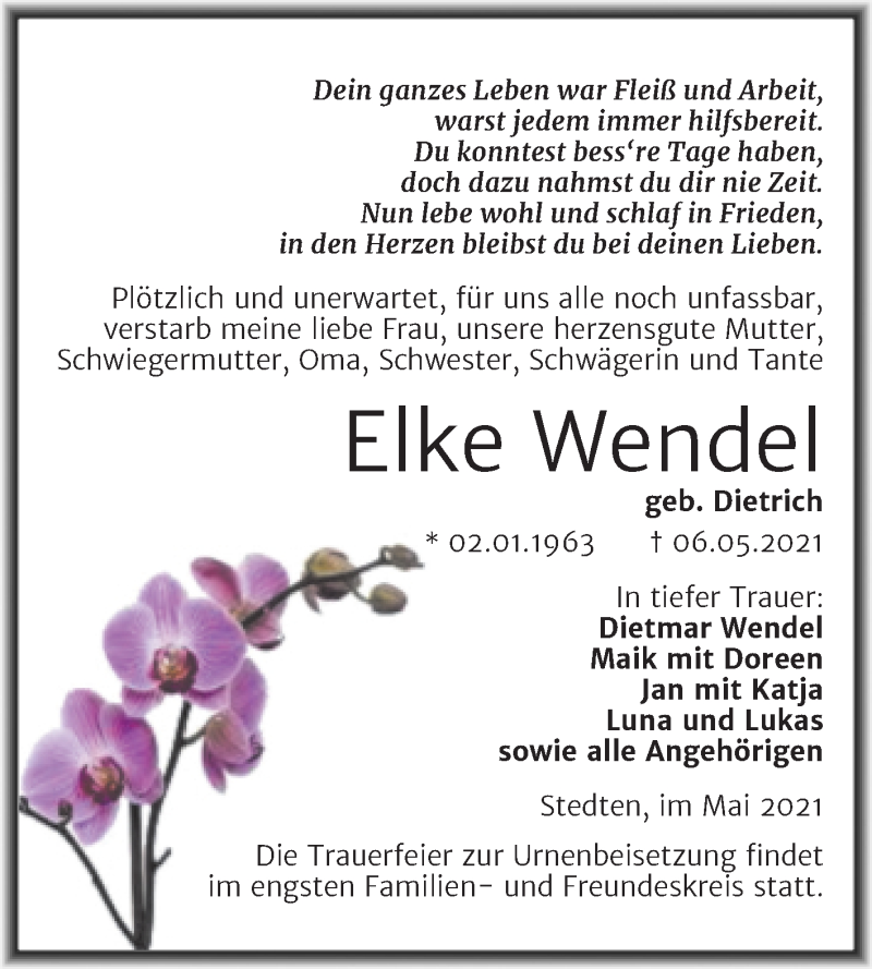  Traueranzeige für Elke Wendel vom 12.05.2021 aus Trauerkombi Mansfelder Land