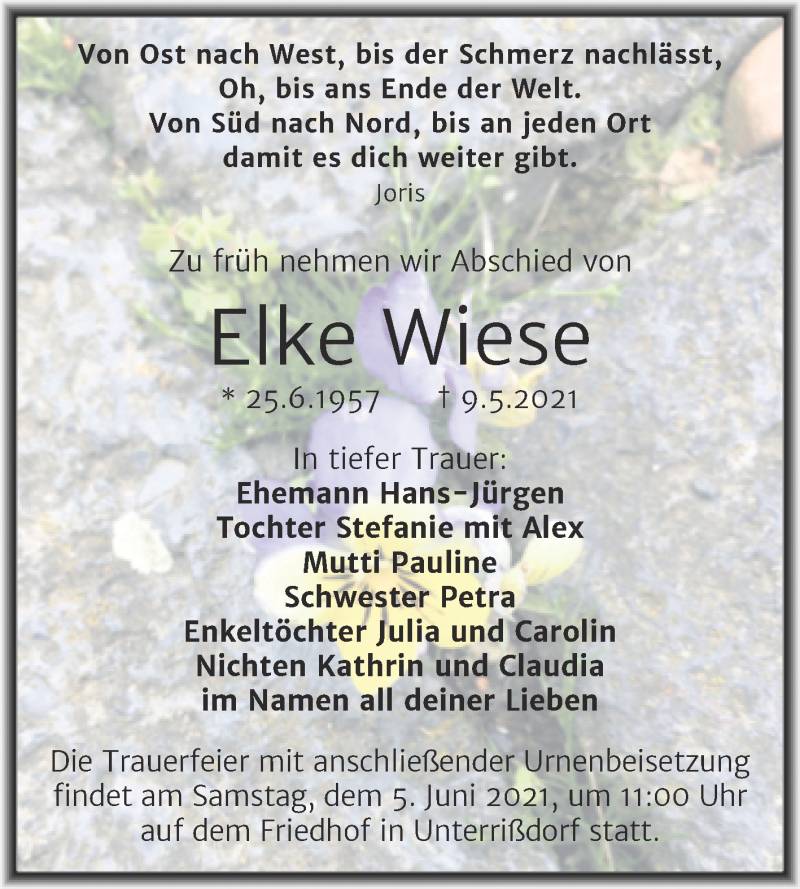  Traueranzeige für Elke Wiese vom 22.05.2021 aus Trauerkombi Mansfelder Land