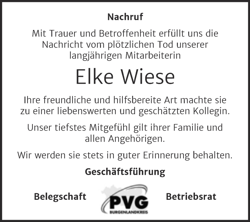  Traueranzeige für Elke Wiese vom 25.05.2021 aus Mitteldeutsche Zeitung Mansfelder Land