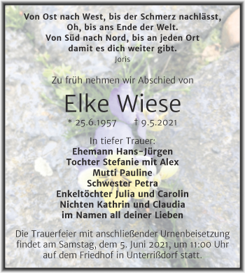 Traueranzeige von Elke Wiese von Trauerkombi Mansfelder Land