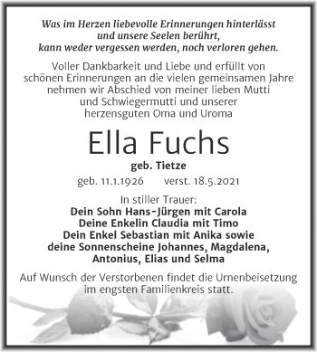 Traueranzeige von Ella Fuchs von Trauerkombi Köthen
