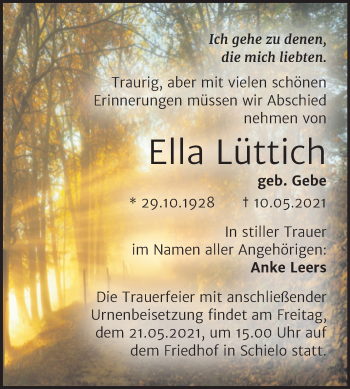Traueranzeige von Ella Lüttich von Trauerkombi Quedlinburg