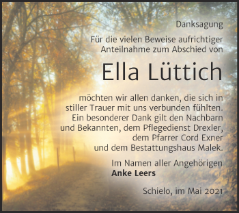 Traueranzeige von Ella Lüttich von Trauerkombi Quedlinburg