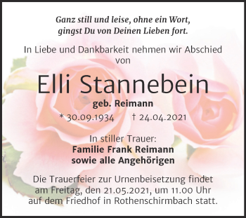 Traueranzeige von Elli Stannebein von Trauerkombi Mansfelder Land