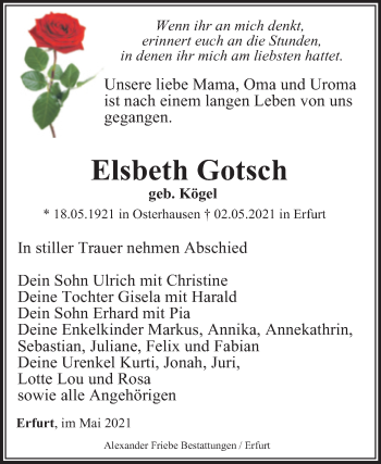 Traueranzeige von Elsbeth Gotsch von Trauerkombi Mansfelder Land