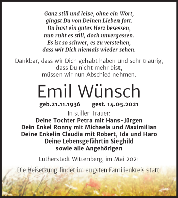 Traueranzeige von Emil Wünsch von Trauerkombi Wittenberg
