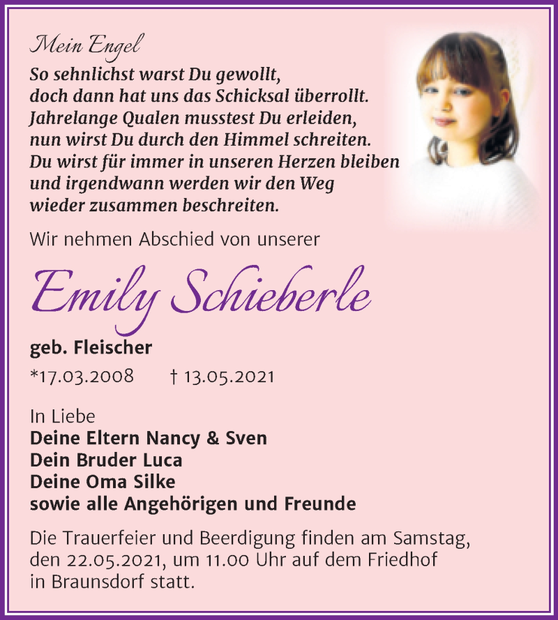  Traueranzeige für Emily Schieberle vom 20.05.2021 aus Mitteldeutsche Zeitung Merseburg/Querfurt