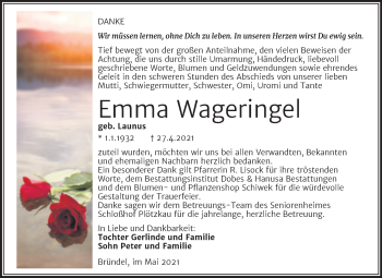 Traueranzeige von Emma Wageringel von Trauerkombi Bernburg