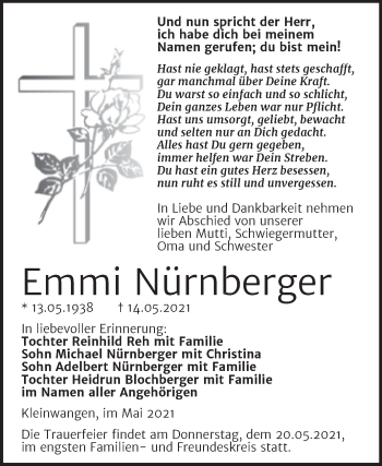 Traueranzeige von Emmi Nürnberger von Mitteldeutsche Zeitung Merseburg/Querfurt