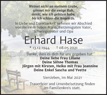 Traueranzeige von Erhard Hase von Trauerkombi Mansfelder Land