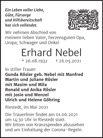 Traueranzeige von Erhard Nebel von Mitteldeutsche Zeitung Sangerhausen