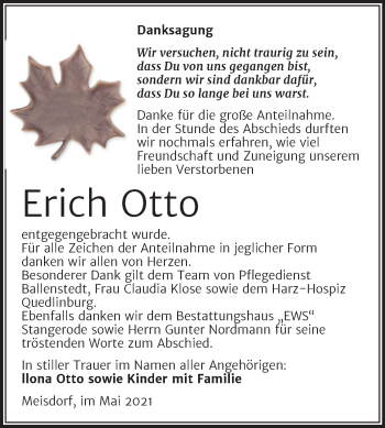 Traueranzeige von Erich Otto von Trauerkombi Quedlinburg