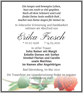 Traueranzeige von Erika Frosch von Trauerkombi Merseburg