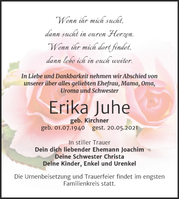 Traueranzeige von Erika Juhe von Trauerkombi Aschersleben
