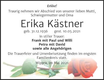 Traueranzeige von Erika Kästner von Mitteldeutsche Zeitung Mansfelder Land