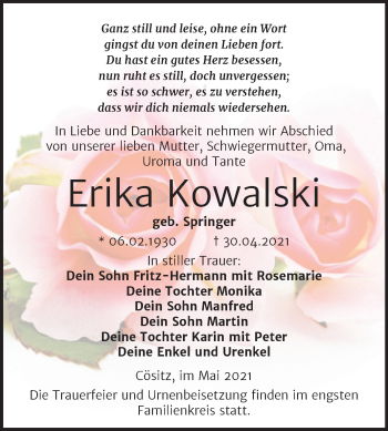 Traueranzeige von Erika Kowalski von Trauerkombi Köthen
