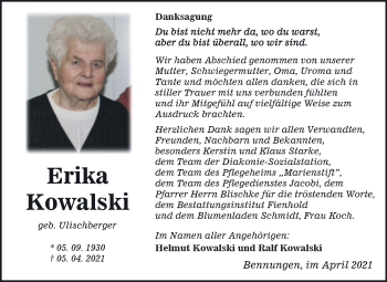 Traueranzeige von Erika Kowalski von Trauerkombi Sangerhausen