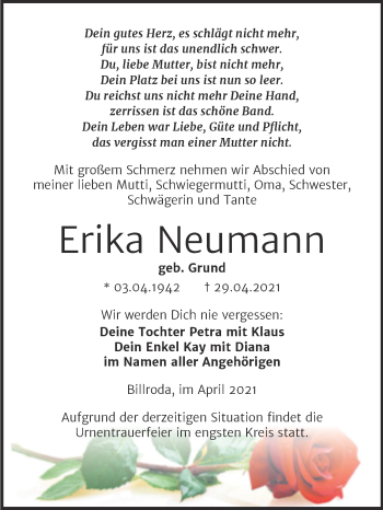 Traueranzeige von Erika Neumann von Wochenspiegel Naumburg/Nebra