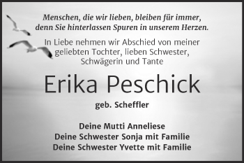 Traueranzeige von Erika Peschick von Mitteldeutsche Zeitung Bitterfeld
