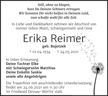 Traueranzeige von Erika Reimer von Trauerkombi Dessau